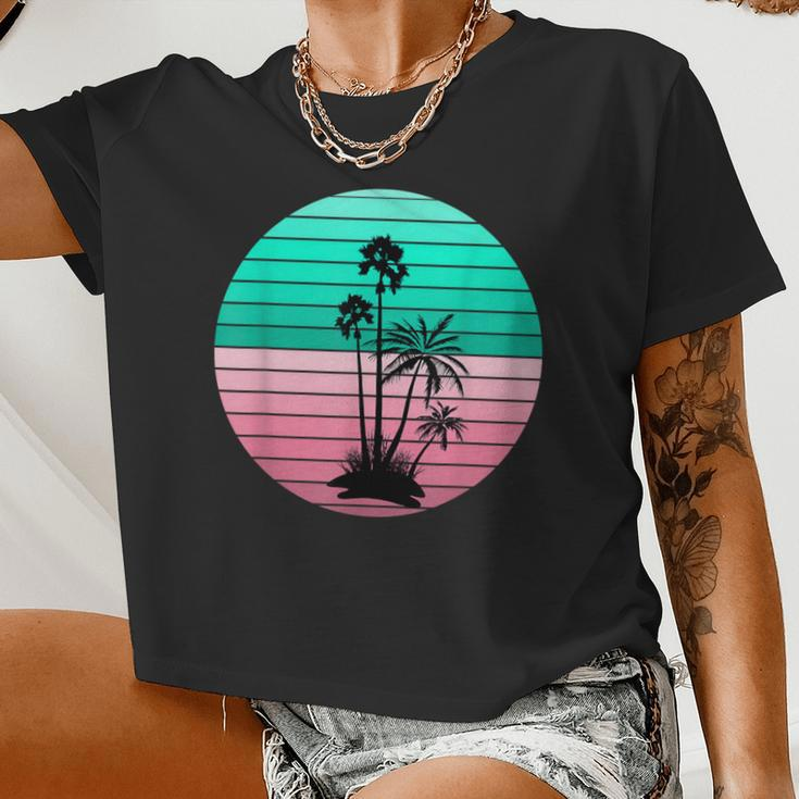 Flamingo Pink And Teal Palm Tree Sunset Women Cropped T-shirt