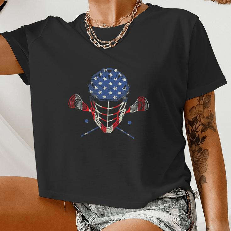 4Th Of July Lax Helmet Sticks American Flag Lacrosse Women Cropped T-shirt