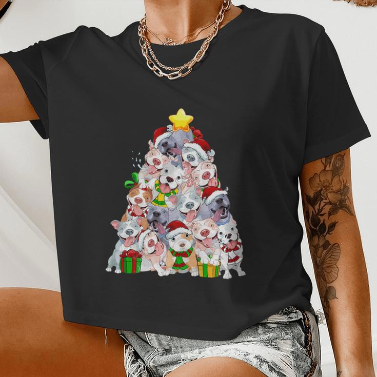 Christmas Pitbull Pajama Shirt Tree Dog Dad Mom Xmas Women Cropped T-shirt