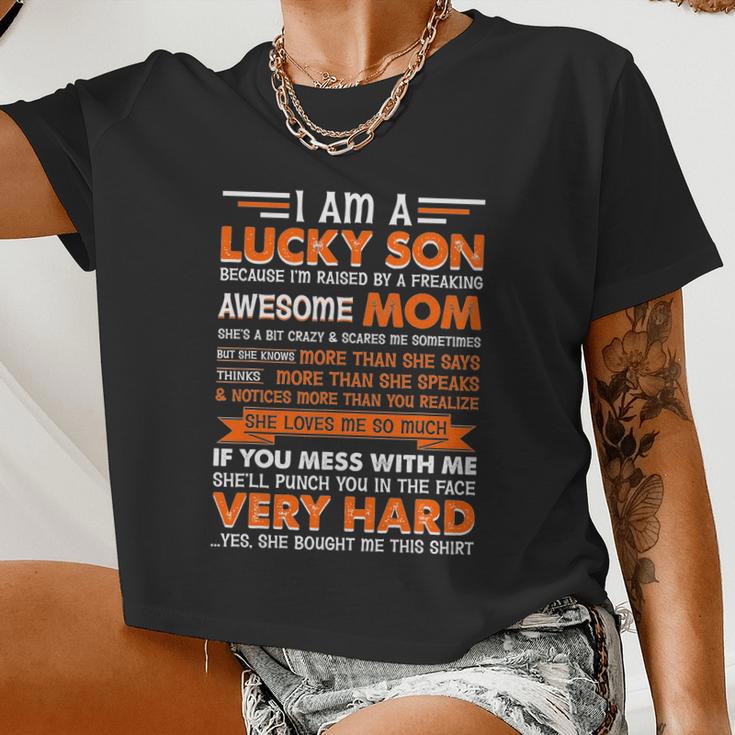 Am A Lucky Son I'm Raised By A Freaking Awesome Mom Women Cropped T-shirt