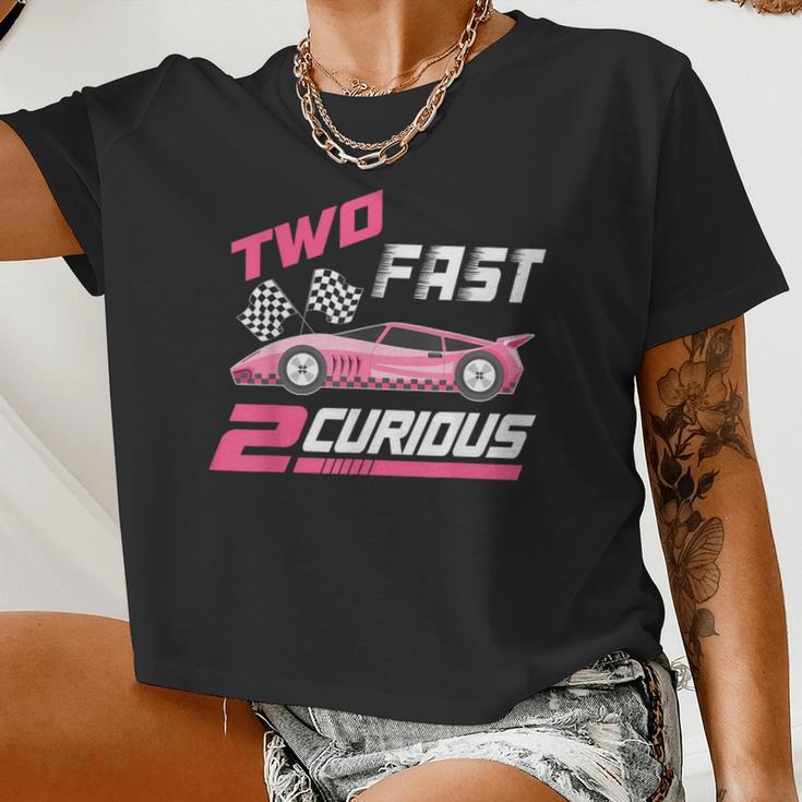 Girl Race Car Birthday Decorations Two Fast 2 Curious 2Nd Women Cropped T-shirt