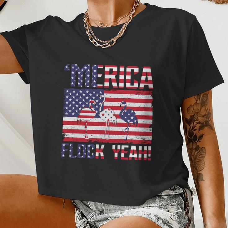 Merica Flamingo Usa Flag 4Th Of July Flock Yeah Graphic Plus Size Shirt Women Cropped T-shirt