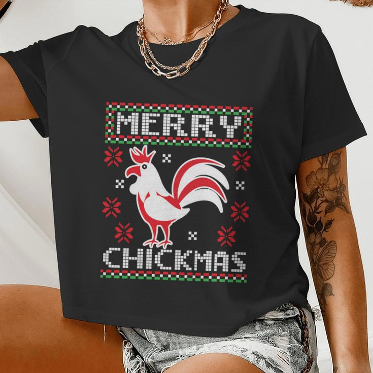 Merry Chickmas Chicken Ugly Christmas Sweater Women Cropped T-shirt