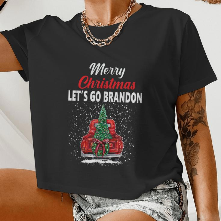 Merry Christmas Let's Go Brandon Red Truck Christmas Tree Women Cropped T-shirt