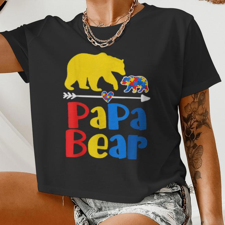 Papa Bear Puzzle Piece Autism Awareness Autism Mom Dad Women Cropped T-shirt