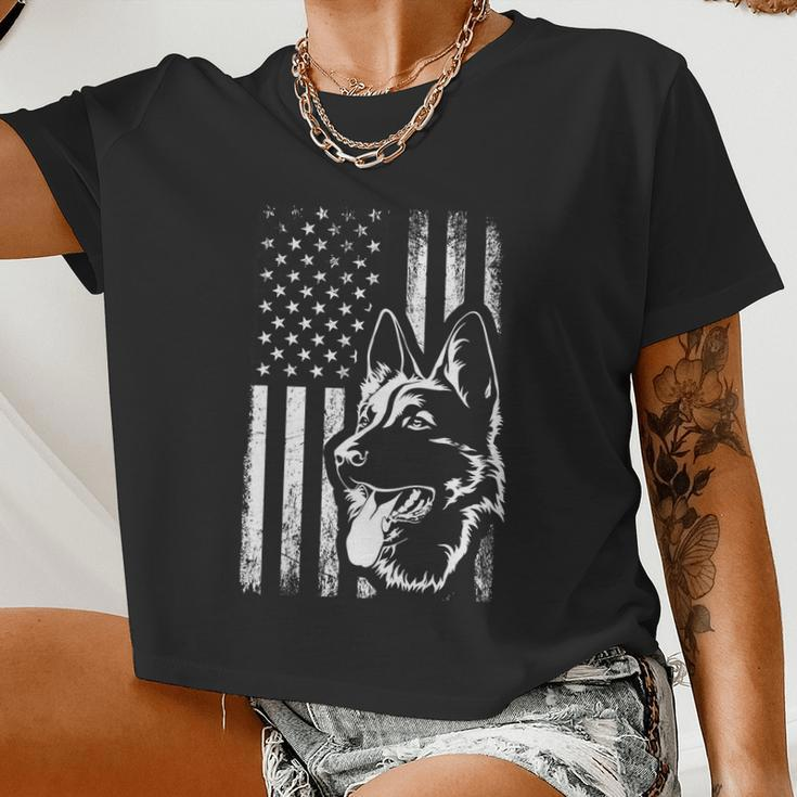 Patriotic German Shepherd American Flag Dog Lover Tshirt V3 Women Cropped T-shirt
