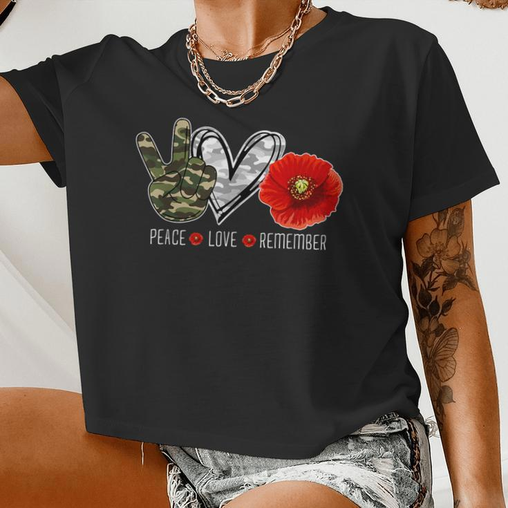 Peace Love Remember Soldier Veteran Day Red Poppy Flower Women Cropped T-shirt
