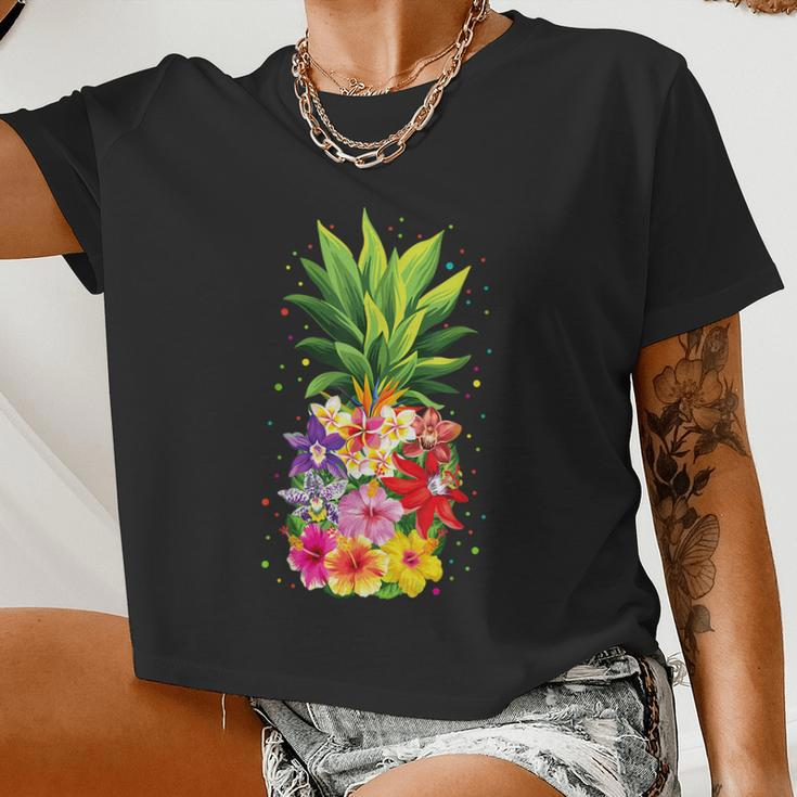 Pineapple Flowers Aloha Hawaii Vintage Hawaiian Floral Women Women Cropped T-shirt