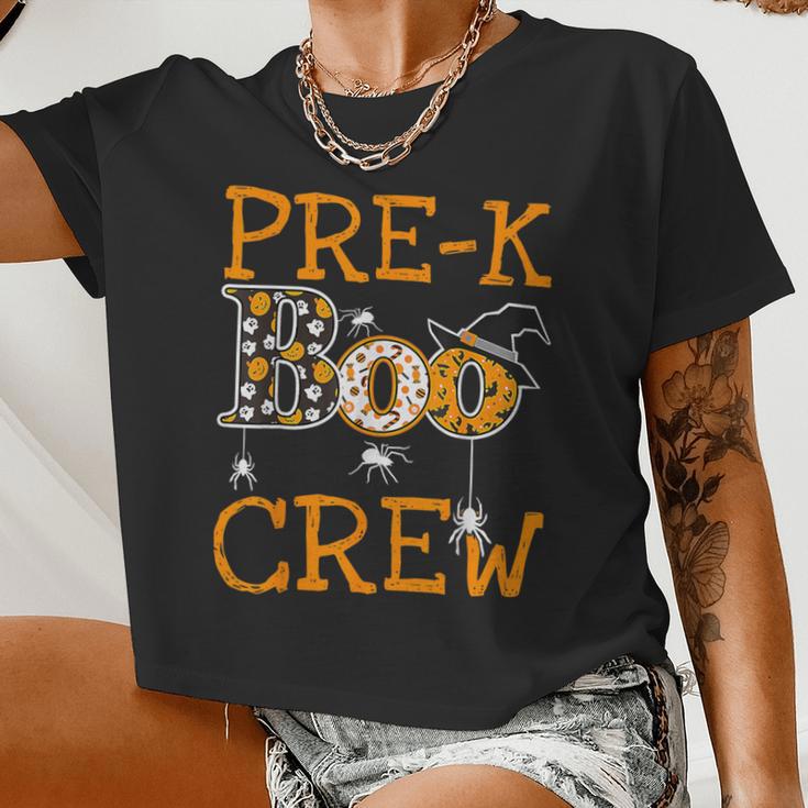 Pre-K Boo Crew Teacher Student Team Halloween Costume Women Cropped T-shirt