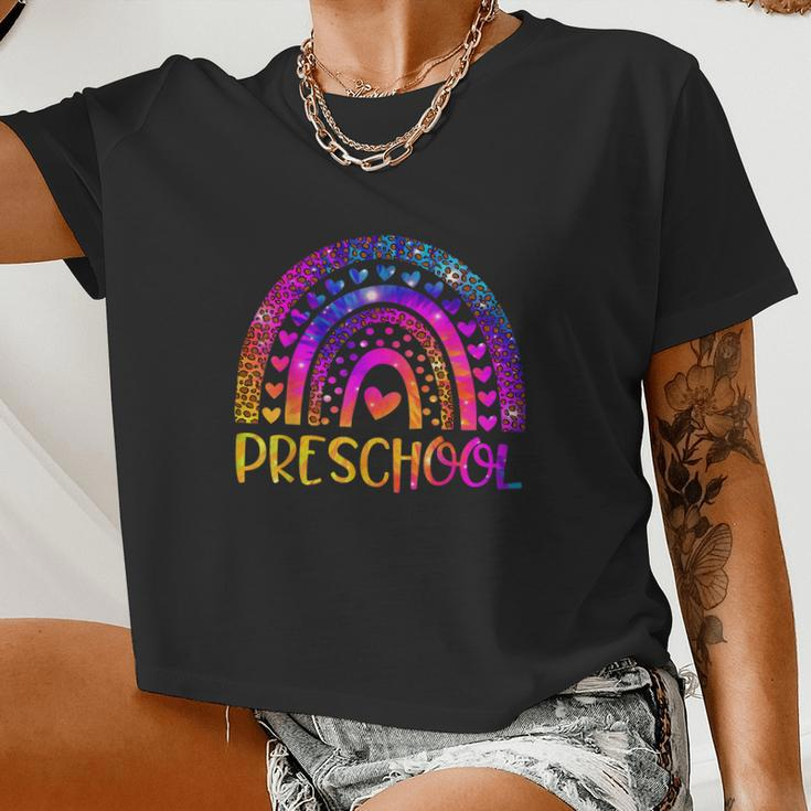 Preschool Teacher Leopard Tie Dye Rainbow Women Cropped T-shirt