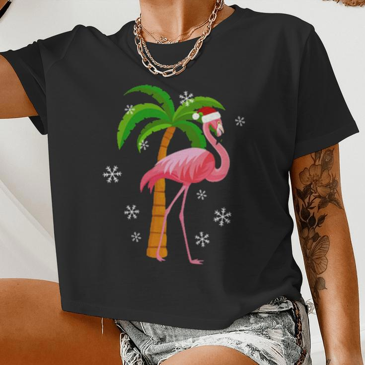 Santa Pink Flamingo Women Cropped T-shirt