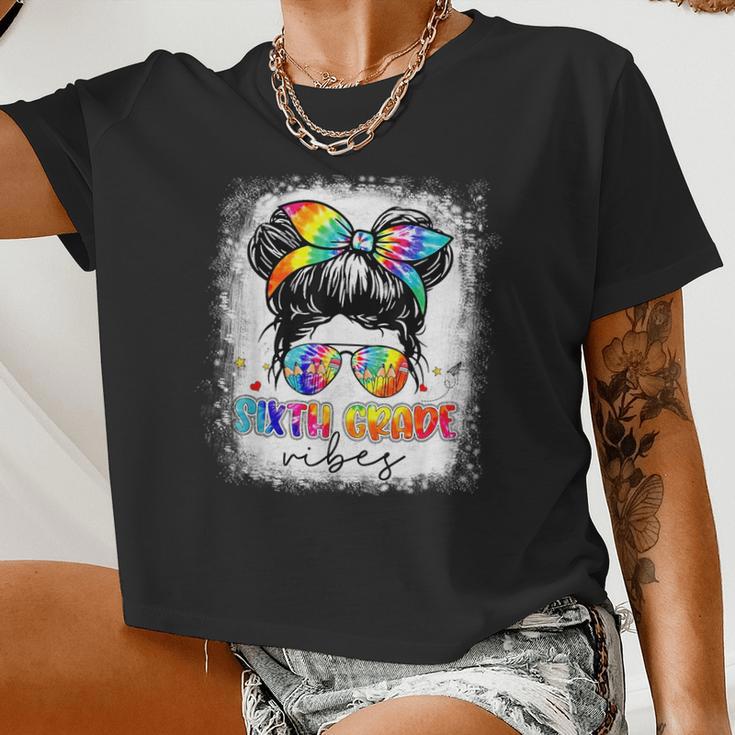 Sixth Grade Vibes Messy Hair Bun Girl Back To School First Women Cropped T-shirt