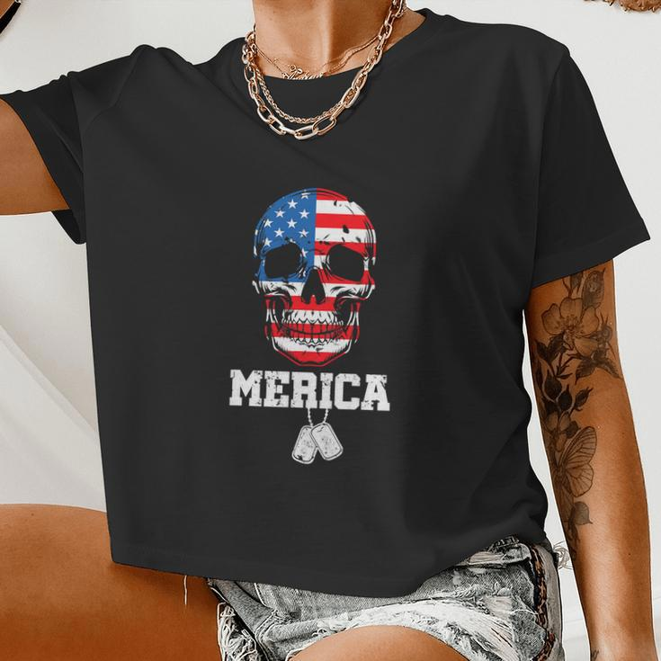Skull Merica Patriotic American Flag 4Th Of July Women Cropped T-shirt