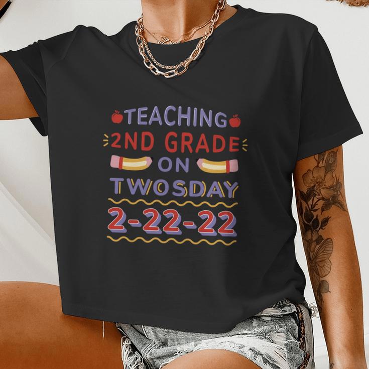 Teaching On Twosday Teach Teacher School Grade Children Job Women Cropped T-shirt