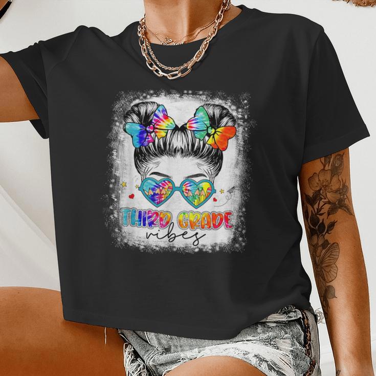 Third Grade Vibes Messy Hair Bun Girl Back To School First Women Cropped T-shirt