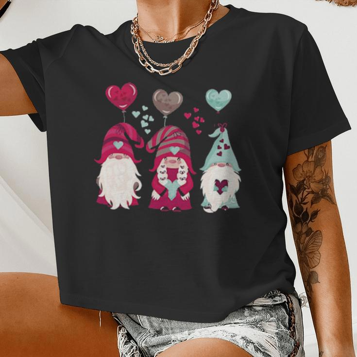Three Gnomes Holding Hearts Valentines Boys Girls Kids Women Cropped T-shirt