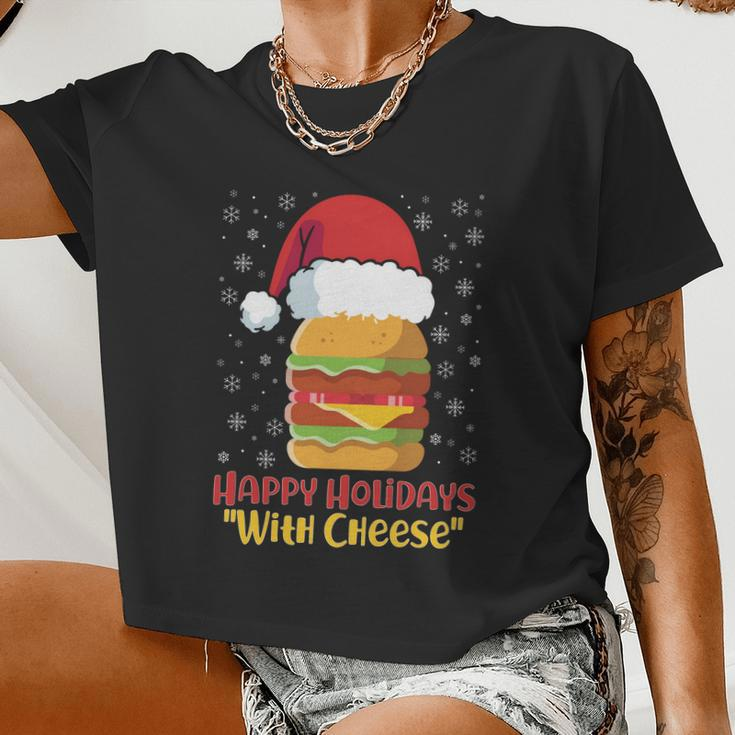 Ugly Christmas Sweater Burger Happy Holidays With Cheese V10 Women Cropped T-shirt