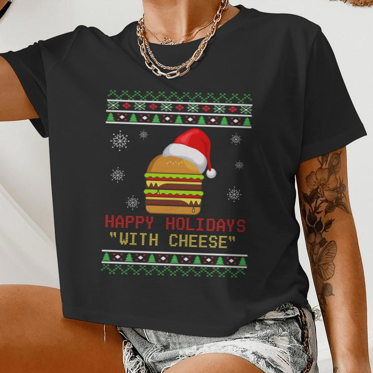 Ugly Christmas Sweater Burger Happy Holidays With Cheese V13 Women Cropped T-shirt