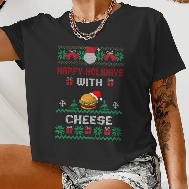 Ugly Christmas Sweater Burger Happy Holidays With Cheese V3 Women Cropped T-shirt