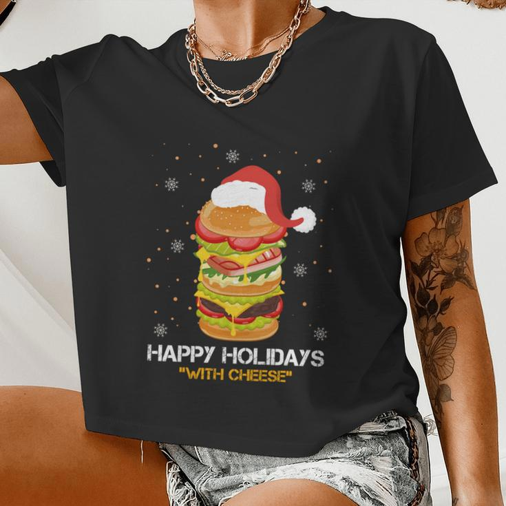 Ugly Christmas Sweater Burger Happy Holidays With Cheese V6 Women Cropped T-shirt