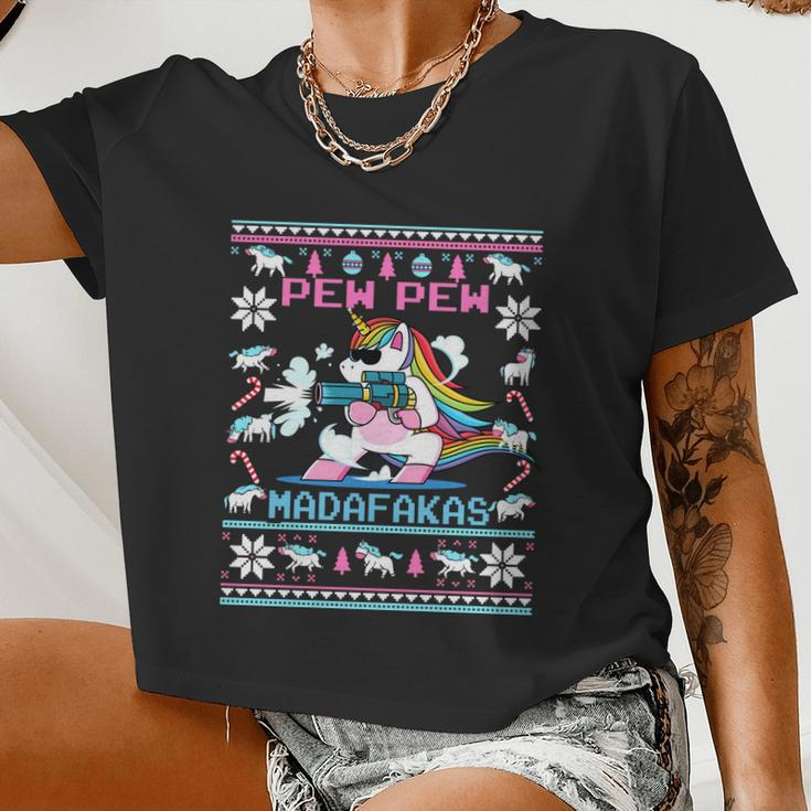 Unicorn Pew Pew Madafakas Ugly Christmas Sweater Women Cropped T-shirt