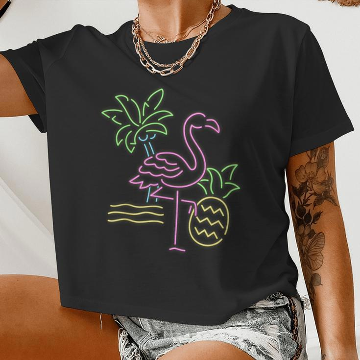 Vacation Palms Pineapple Travel Flamingo Women Cropped T-shirt