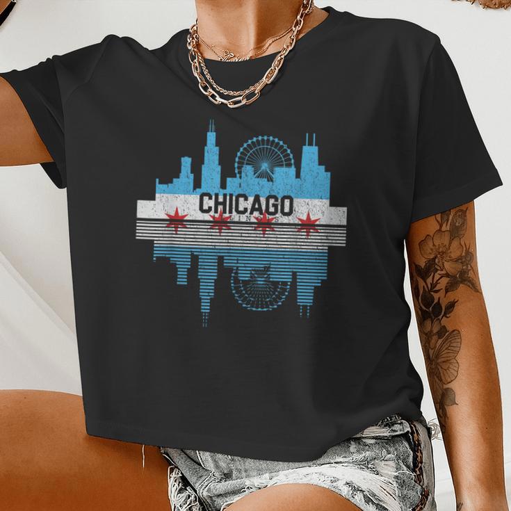 Vintage Chicago Illinois Flag Skyline Women Women Cropped T-shirt