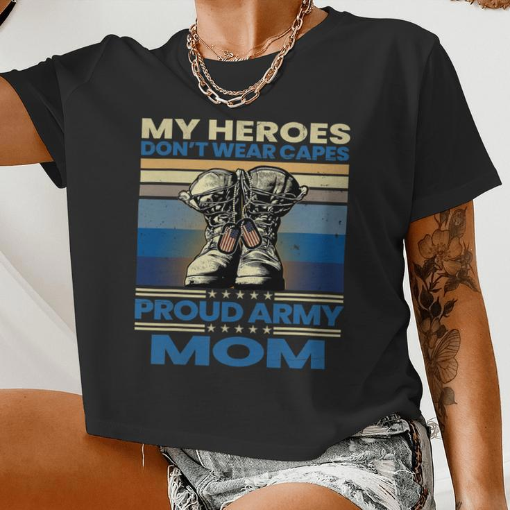Vintage Veteran Mom My Heroes Don't Wear Capes Army Boots T-Shirt Women Cropped T-shirt