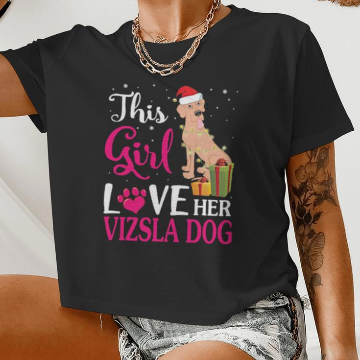 Xmas This Girl Love Her Vizsla Dog Reindeer Hat Snow Women Cropped T-shirt