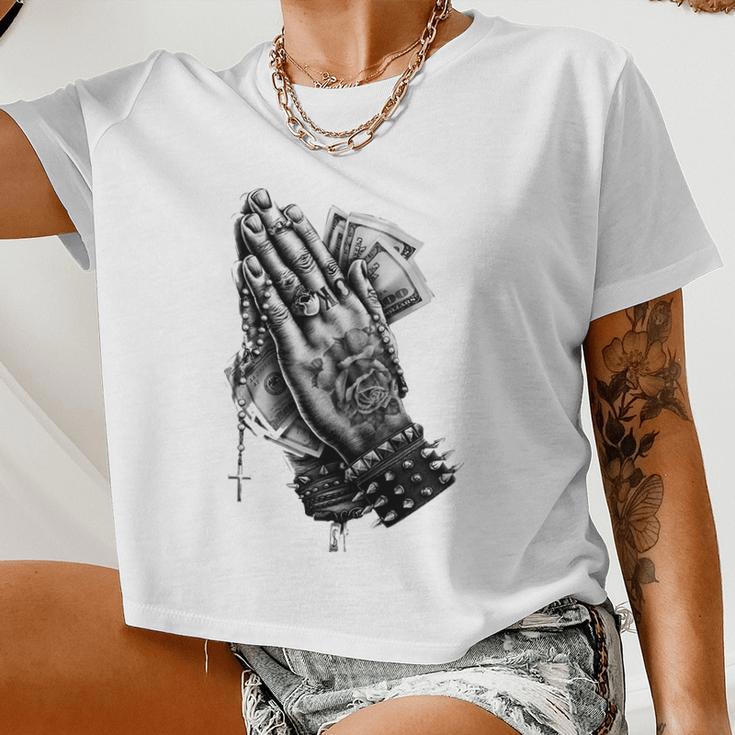 Praying Hands Money Respect Women Cropped T-shirt