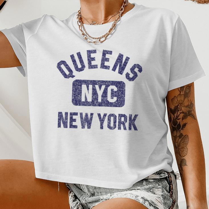 Queens Nyc Gym Style Distressed Navy Blue Print Women Cropped T-shirt