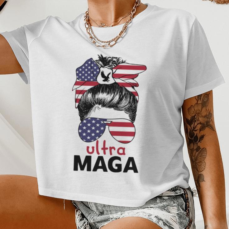 Ultra Maga American Flag Womens Messy Bun Wearing Glasses Women Cropped T-shirt