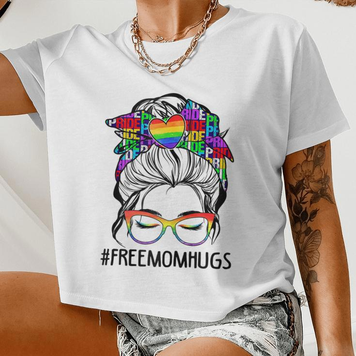 Womens Free Mom Hugs Messy Bun Lgbt Pride Women Cropped T-shirt
