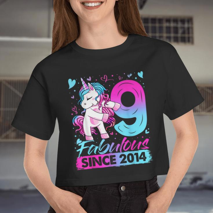 9 Years Old Flossing Unicorn 9Th Birthday Girl Party Women Cropped T-shirt