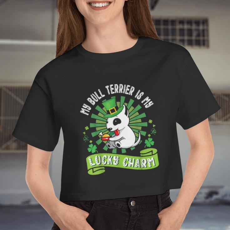 My Bull Terrier Dog Is My Lucky Charm Patrick Day Dad Mom Women Cropped T-shirt