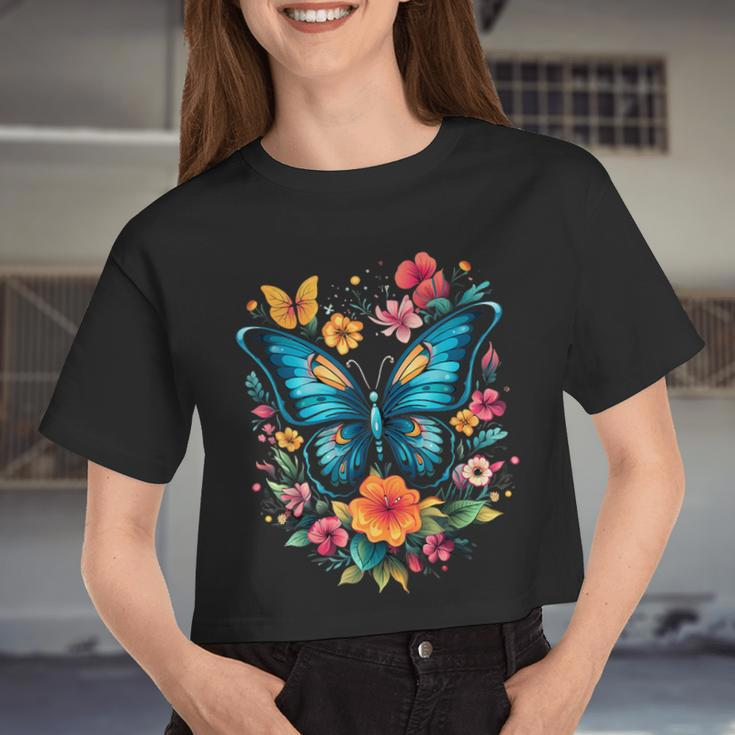 Butterfly With Flowers I Aesthetic Butterfly Women Cropped T-shirt