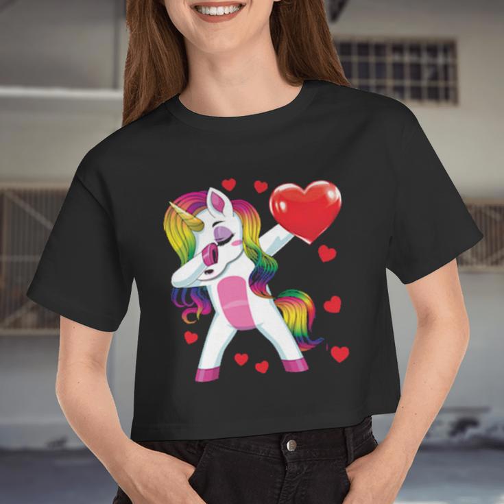 Dabbing Unicorn Heart Valentines Day Girls Women Cropped T-shirt