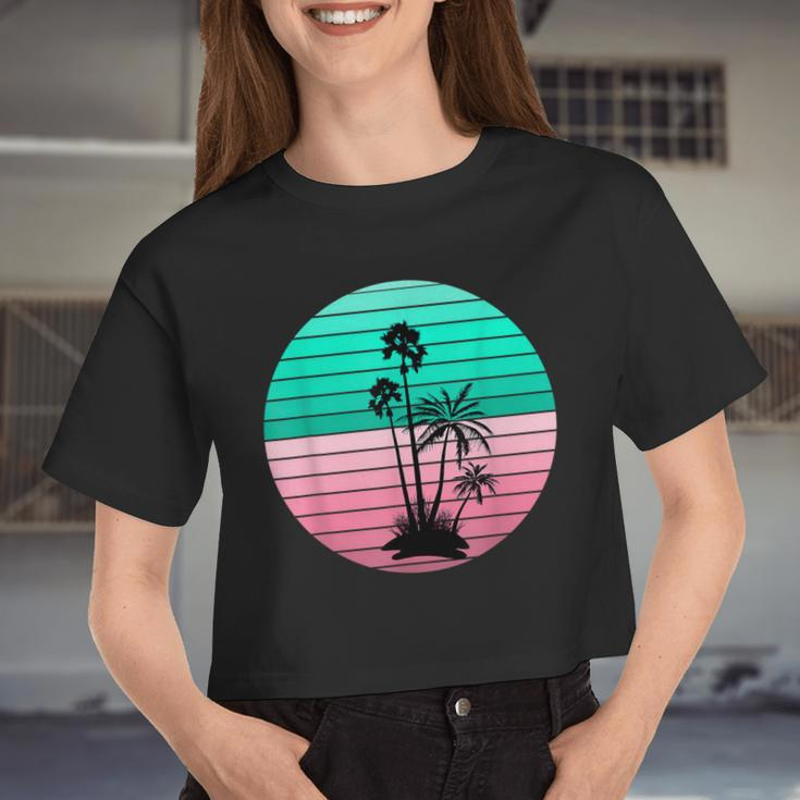 Flamingo Pink And Teal Palm Tree Sunset Women Cropped T-shirt