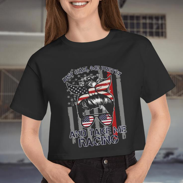 Girl American Flag Just Call Me Pretty And Take Me Racing Women Cropped T-shirt