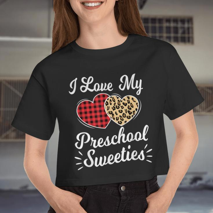 Heart Leopard Buffalo Plaid Valentines Day Preschool Teacher Women Cropped T-shirt
