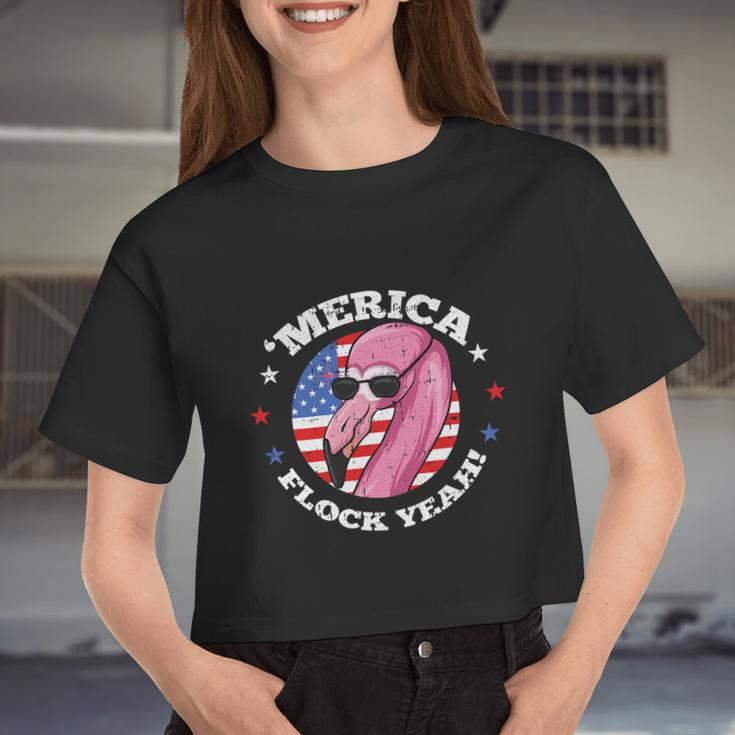 Merica 4Th Of July Flamingo Flock Patriotic American Flag Women Cropped T-shirt