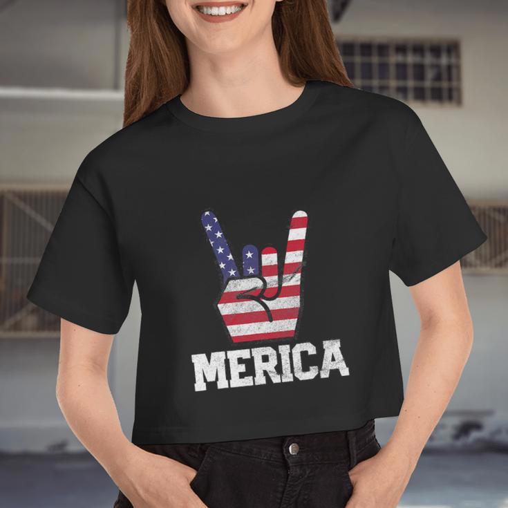 Merica Rock Sign 4Th Of July Vintage American Flag Women Cropped T-shirt