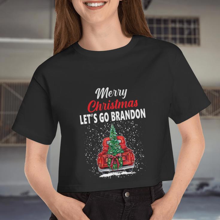 Merry Christmas Let's Go Brandon Red Truck Christmas Tree Women Cropped T-shirt