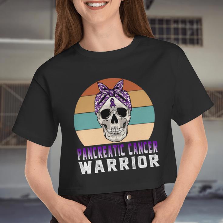 Pancreatic Cancer Warrior Skull Women Vintage Purple Ribbon Pancreatic Cancer Pancreatic Cancer Awareness Women Cropped T-shirt