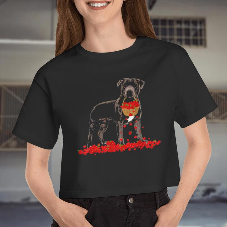 Pitbull Valentine's Day Dog Dad Dog Mom Flowers Women Cropped T-shirt