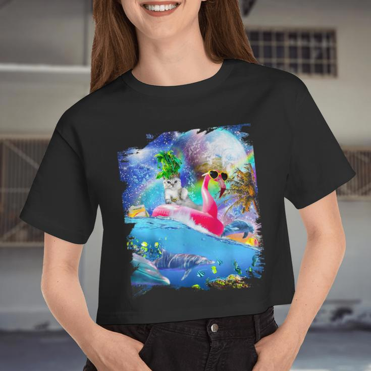 Rainbow Space Galaxy Cat On Flamingo Dolphin Women Cropped T-shirt