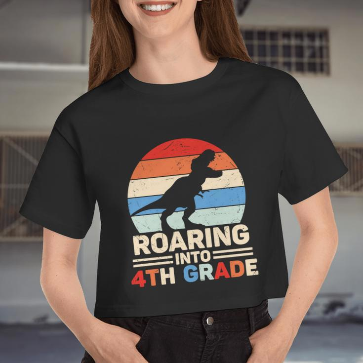 Roaring Into 4Th Grade Dinosaur First Day Of School Back To School Women Cropped T-shirt