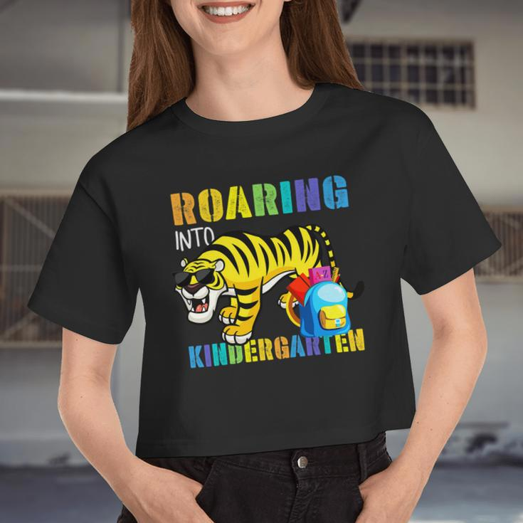 Roaring Into Kindergarten Tiger Back To School From Teacher Women Cropped T-shirt