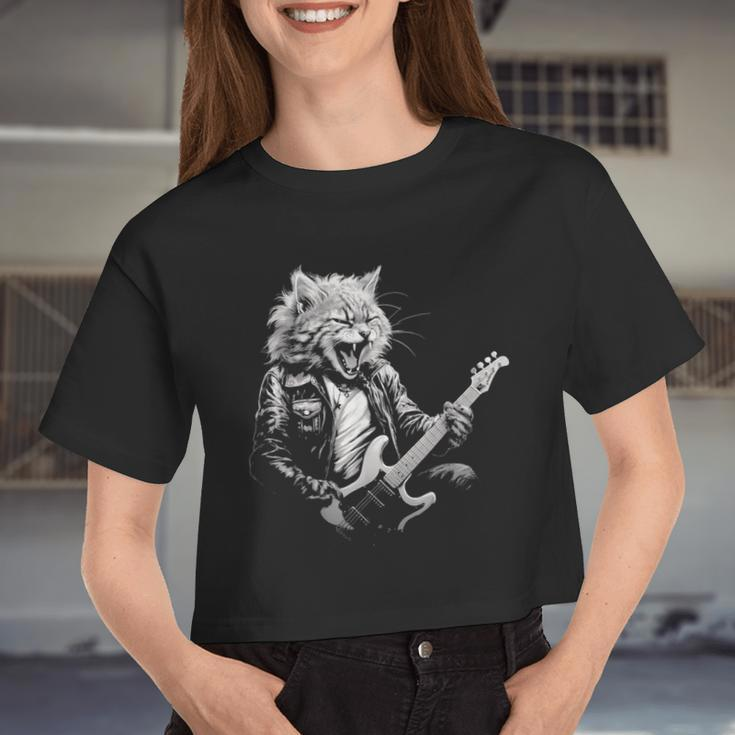 Rock Cat Playing Guitar Guitar Cat Womens Women Cropped T-shirt