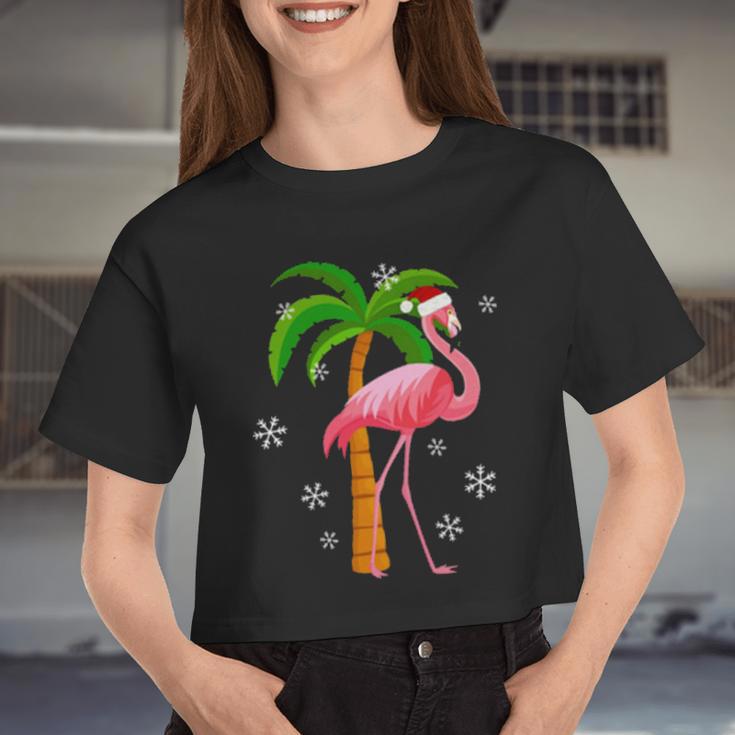 Santa Pink Flamingo Women Cropped T-shirt